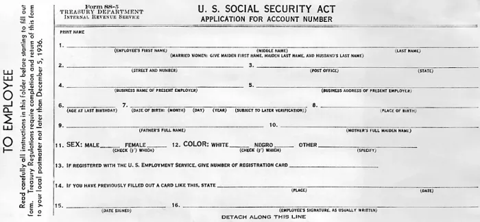 Framed Print : Initiation of Social Security in 1936. Employees application for Social Security. This form must be filled out by all employees classified under the Soc. Sec