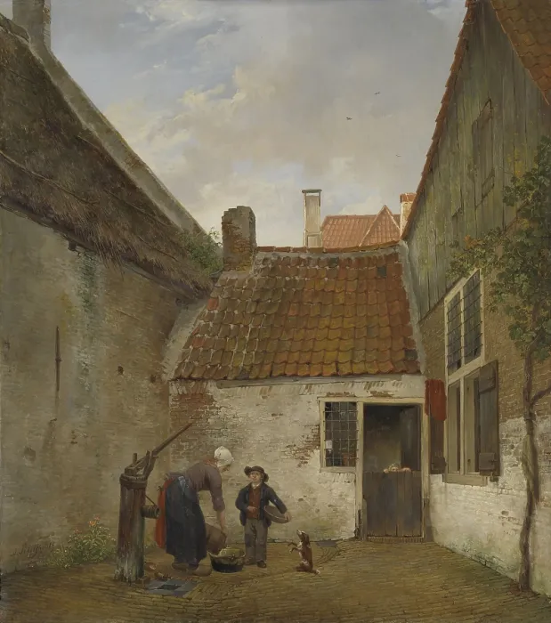 Framed Print : Inner Courtyard, by Andreas Schelfhout, 1820-30, Dutch painting, oil on panel. A woman fills a kettle with water from brick paved courtyard pump Framed Print : Inner Courtyard, by Andreas Schelfhout, 1820-30, Dutch painting, oil on panel. A woman fills a kettle with water from brick paved courtyard pump