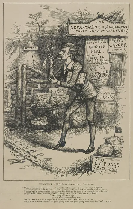 Framed Print : INNOCENCE ABROAD, (IN SEARCH OF A COPYRIGHT), illustration by Thomas Nast in HARPERS WEEKLY, Jan. 21, 1882. Humorist illustrator Nast pokes fun at satirical author, Mark Twain Framed Print : INNOCENCE ABROAD, (IN SEARCH OF A COPYRIGHT), illustration by Thomas Nast in HARPERS WEEKLY, Jan. 21, 1882. Humorist illustrator Nast pokes fun at satirical author, Mark Twain