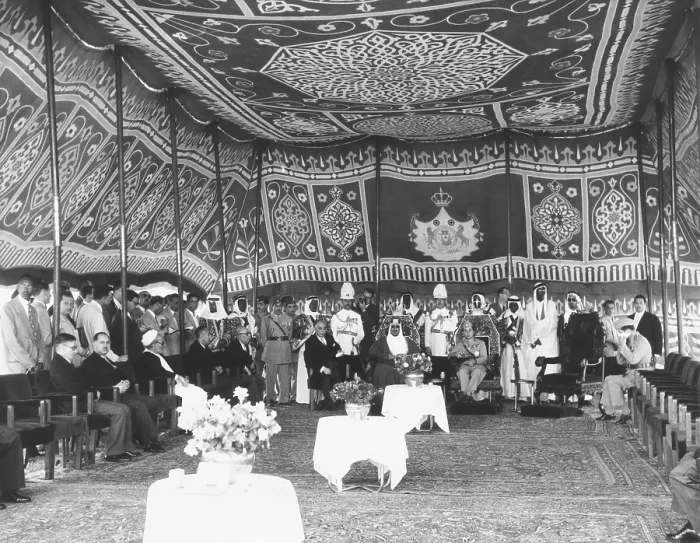 Framed Print : Inside a richly tapestried tent, Iraq's King Faisal meets with King Saud of Saudi Arabia. May 14, 1957 Framed Print : Inside a richly tapestried tent, Iraq's King Faisal meets with King Saud of Saudi Arabia. May 14, 1957