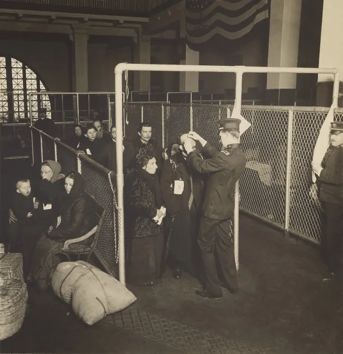 Framed Print : US inspectors examining eyes of immigrants at Ellis Island, in New York Harbor, c. 1900