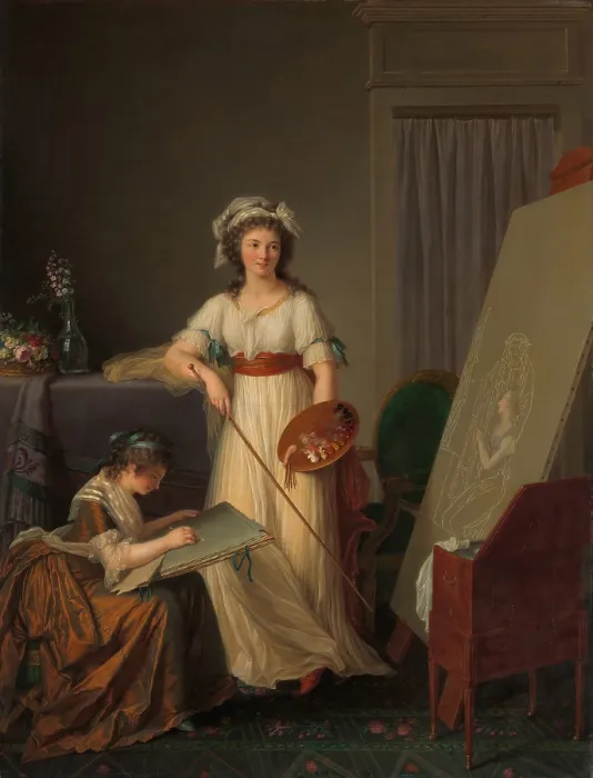 Framed Print : INTERIOR OF AN ATELIER OF A WOMAN PAINTER, by Marie Victoire Lemoine, 1789, French oil painting