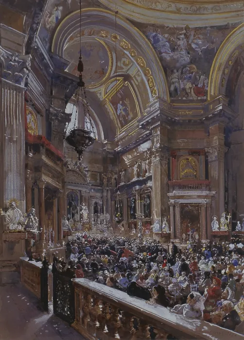 Framed Print : Interior of the Chapel of the Treasure of Saint Gennaro (Interno della cappella del Tesoro di San Gennaro), by Giacinto Gigante, 1863, 19th Century, watercolor