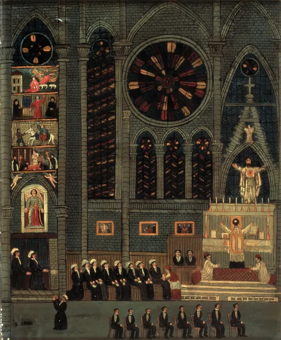 Framed Print : Interior of a Church, by Louis Vivin, ca. 1925, 20th Century, oil on canvas - France, Nizza, National Museum of Naif Art Anatole Jakovsky. Whole artwork view Framed Print : Interior of a Church, by Louis Vivin, ca. 1925, 20th Century, oil on canvas - France, Nizza, National Museum of Naif Art Anatole Jakovsky. Whole artwork view