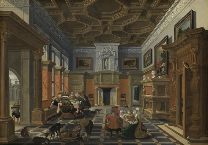 Framed Print : Interior with a Company, by Bartholomeus van Bassen / Esaias van de Velde, 1622-24, Dutch oil painting