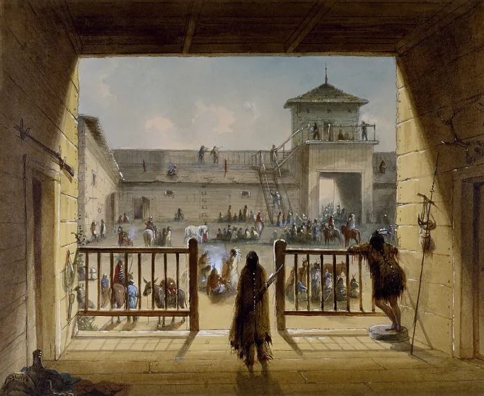 Framed Print : INTERIOR OF FORT LARAMIE, watercolor painting made ca. 1858-60 by Alfred Jacob Miller, from field-sketches made during his 1837 expedition to western Wyoming