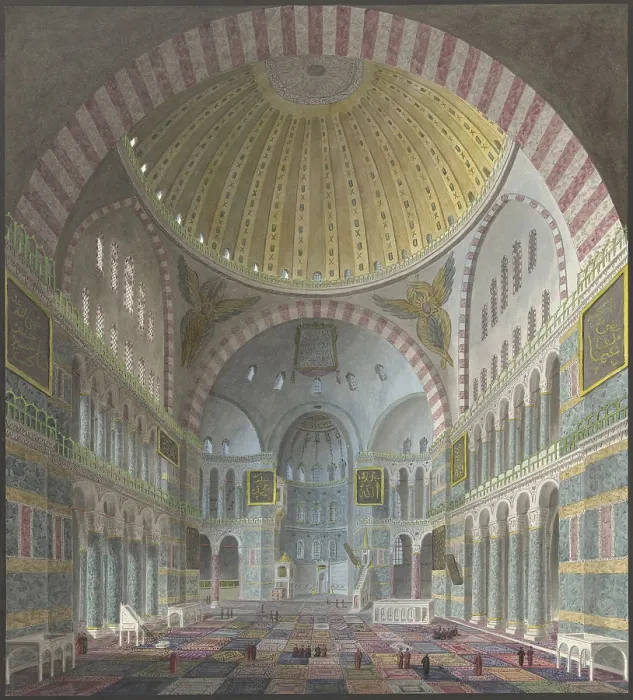 Framed Print : Interior of Hagia Sophia with kneeling and walking Turks, by George Antoine Prosper Marilhat, French painting, watercolor on paper (BSLOC_2016_2_149)