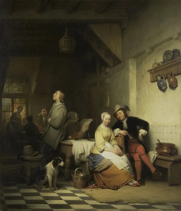 Framed Print : Interior of an Inn, with Figures in 17th Century Costume, by Ferdinand De Braekeleer, 1848, Dutch painting, oil on panel