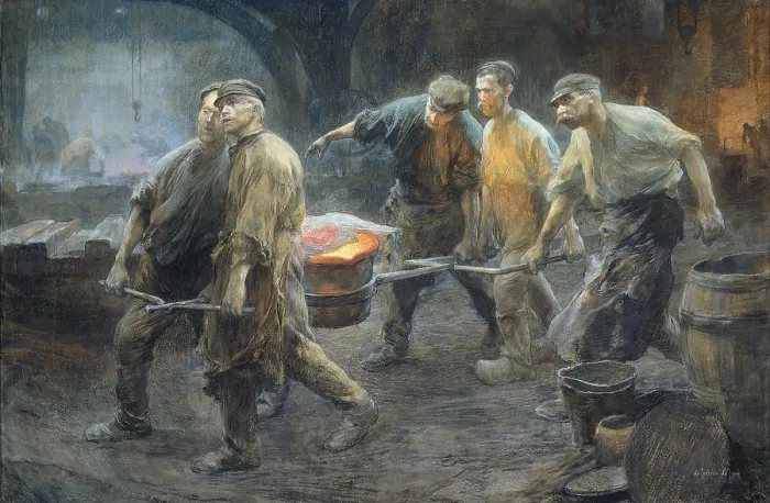 Framed Print : Interior of an Iron Foundry, by Pieter de Josselin de Jong, 1880-1900, Dutch watercolor painting. Five workers carry a crucible of glowing molten metal. (BSLOC_2016_1_70) Framed Print : Interior of an Iron Foundry, by Pieter de Josselin de Jong, 1880-1900, Dutch watercolor painting. Five workers carry a crucible of glowing molten metal. (BSLOC_2016_1_70)