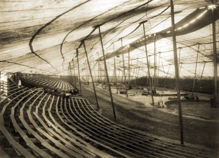 Framed Print : Interior of large circus tent without audience or performers. 1907