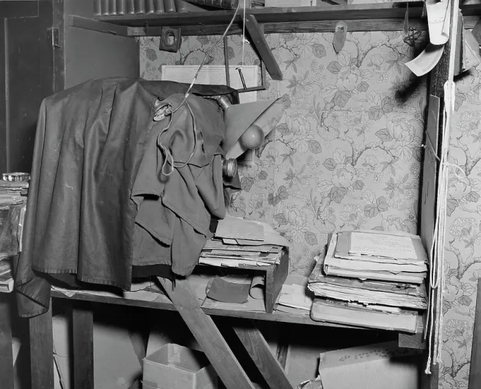 Framed Print : Interior of L.C. Handy Studio, with view camera and copy stand set up in crowded conditions, 494 Maryland Avenue, Washington, DC, 1954 Framed Print : Interior of L.C. Handy Studio, with view camera and copy stand set up in crowded conditions, 494 Maryland Avenue, Washington, DC, 1954