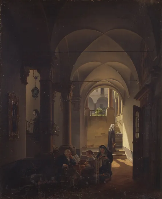 Framed Print : Interior of a Monastery, by Giovanni Migliara, 1825 - 1837 ca. 19th Century, oil on board - Italy, Lombardy, Milan, Brera Collection. Whole artwork view