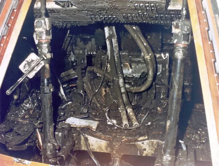 Framed Print : Interior of NASA's Apollo 1 space capsule following the fire that killed three astronauts