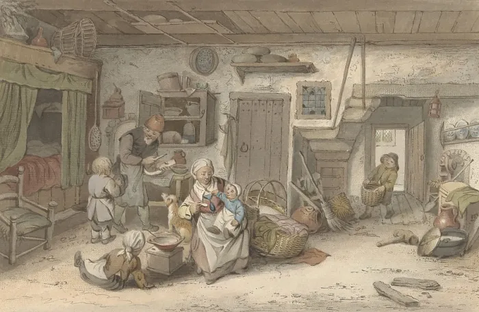 Framed Print : Interior with Peasant Family, by Christiaan Josi, 1821, Dutch print, colored etching on paper Framed Print : Interior with Peasant Family, by Christiaan Josi, 1821, Dutch print, colored etching on paper