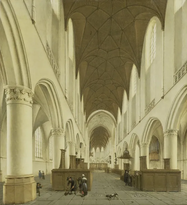 Framed Print : Interior of St. Bavo's Church, in Haarlem, by Isaak van Nickelen, 1660-1703, Dutch oil painting. Church interior with view of nave to the choir