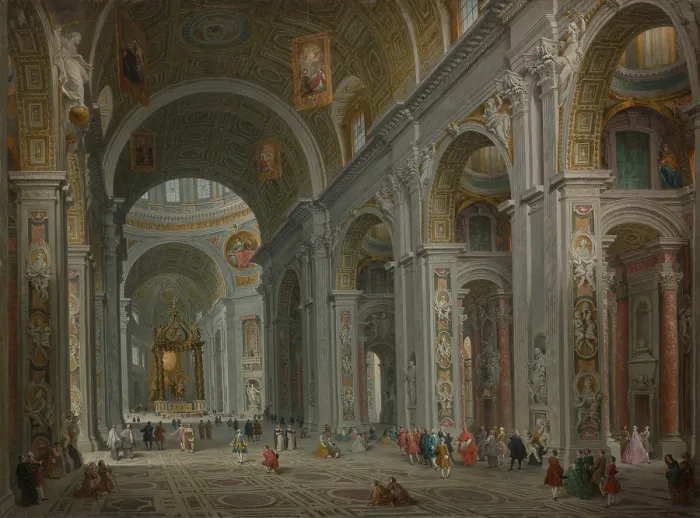 Framed Print : INTERIOR OF ST. PETER'S, by Giovanni Paolo Panini, 1754, Italian painting, oil on canvas