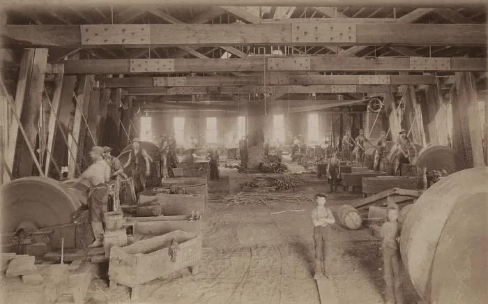 Framed Print : Interior view of a barrel factory in Kalamazoo County, Michigan, ca. 1880. These wooden containers withstood stress and could be rolled and stacked Framed Print : Interior view of a barrel factory in Kalamazoo County, Michigan, ca. 1880. These wooden containers withstood stress and could be rolled and stacked