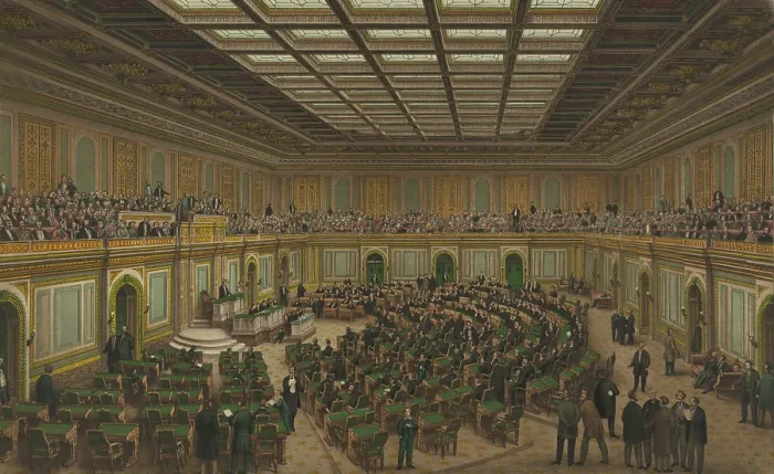 Framed Print : Interior view of the new House of Representatives wing of the U.S. Capitol shows Congress in session and spectators in the gallery