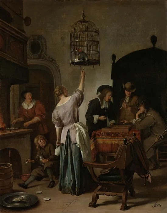 Framed Print : Interior with a Woman Feeding a Parrot, Jan Steen, 1660-70, Dutch painting, oil on canvas and panel. Also known as The Parrot Cage Framed Print : Interior with a Woman Feeding a Parrot, Jan Steen, 1660-70, Dutch painting, oil on canvas and panel. Also known as The Parrot Cage
