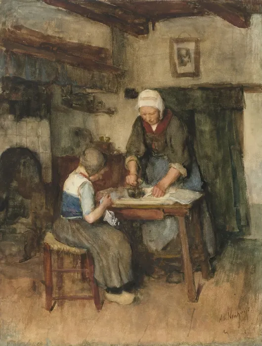 Framed Print : Interior with Woman Ironing and Sewing Child, by Albert Neuhuys, c. 1900-19. Dutch watercolor. From 1900 to 1910 Neuhuys painted many colorful rural interiors and workers