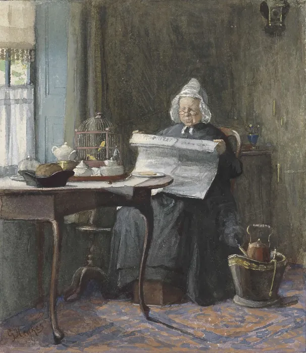 Framed Print : Interior with a Woman Reading the Newspaper, by Gerke Henkes, 1875-1900, Dutch watercolor. Elderly woman at her table with caged bird and teapot. (BSLOC_2016_1_16)