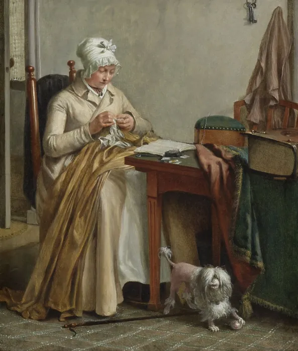 Framed Print : Interior with Woman Sewing, by Wybrand Hendriks, 1800-10, Dutch painting, oil on panel. Woman sewing a hem and at the same time reading from an open book
