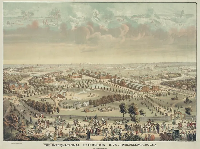 Framed Print : The International Exposition 1876 at Philadelphia. Bird's-eye view of the exposition grounds shows people from many cultures in the foreground. (BSLOC_2010_18_79)