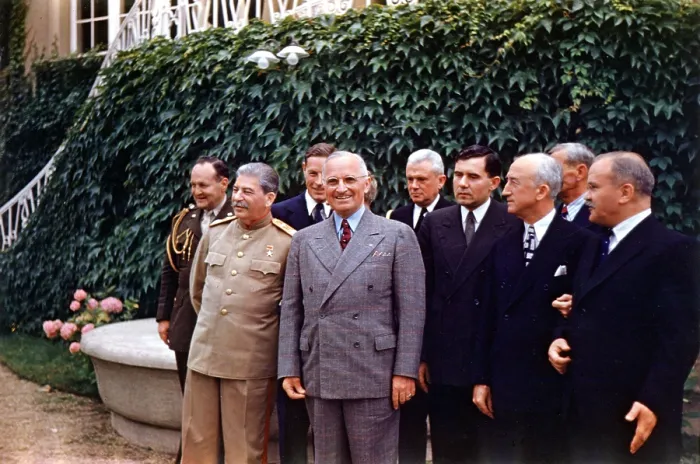 Framed Print : International group including Soviet leader, Josef Stalin and US President Harry Truman, at the post-WW2 Potsdam Conference, July 18, 1945. Left to right: US Gen