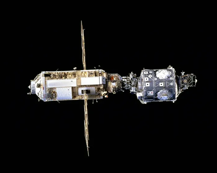 Framed Print : International Space Station in 1998. The Russian made Zarya (left) docked with the US made Unity Module form the first phase of the International Space Station Framed Print : International Space Station in 1998. The Russian made Zarya (left) docked with the US made Unity Module form the first phase of the International Space Station