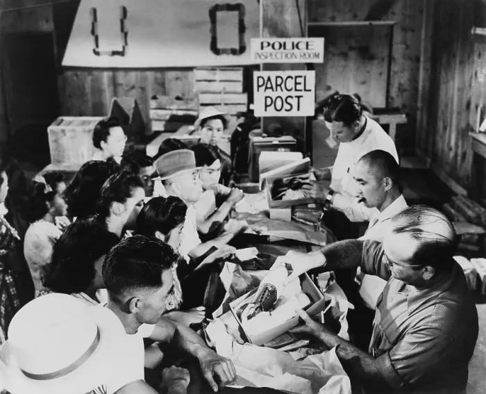 Framed Print : Interned Japanese-Americans in line at the police inspection room to receive parcel post packages Framed Print : Interned Japanese-Americans in line at the police inspection room to receive parcel post packages