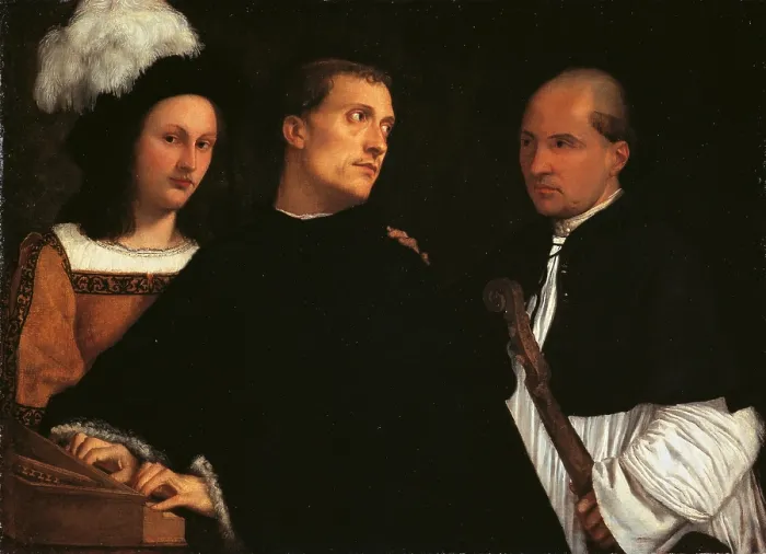 Framed Print : Interrupted Concert, by Tiziano Vecellio known as Titian, 1507 - 1508 about, 16th Century, oil on canvas, cm 86, 5 x 123, 5 - Italy, Tuscany, Florence, Palazzo Pitti