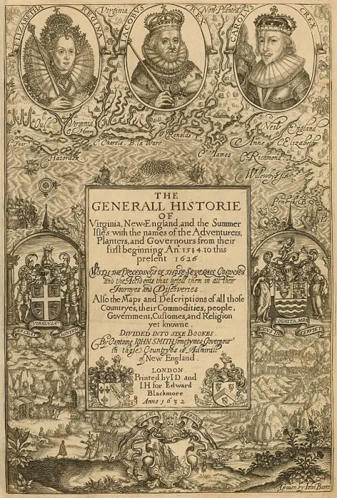 Framed Print : This intricate engraving, was one of the frontispieces of Smiths 1624 book, The General History of Virginia, New England, and the Summer Isles, 1624
