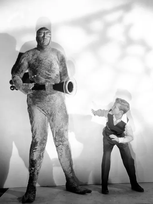 Framed Print : INVADERS FROM MARS, Jimmy Hunt (right), 1953, cowering from the invader