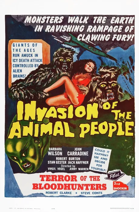 Framed Print : INVASION OF THE ANIMAL PEOPLE, US 1962 reissue poster art, 1959; double bill: TERROR OF THE BLOODHUNTERS, 1962 Framed Print : INVASION OF THE ANIMAL PEOPLE, US 1962 reissue poster art, 1959; double bill: TERROR OF THE BLOODHUNTERS, 1962