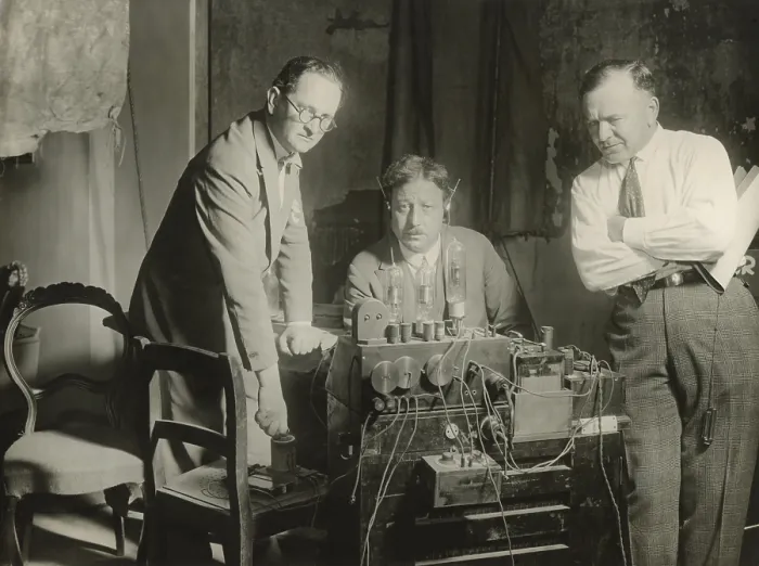 Framed Print : Inventor, Joseph Massolle (center), listening to the first screening of German Movietone News Framed Print : Inventor, Joseph Massolle (center), listening to the first screening of German Movietone News