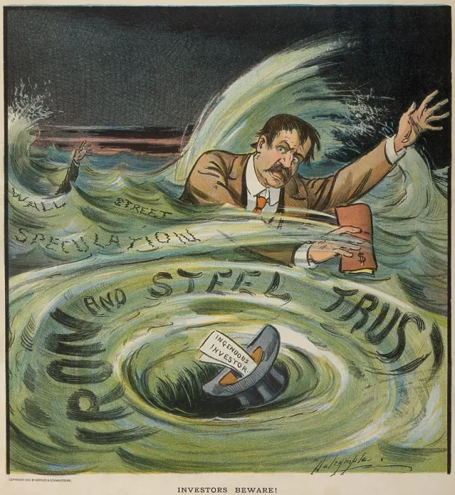Framed Print : INVESTORS BEWARE Cartoon shows investors drowning in rough seas labeled Wall Street and Speculation and caught in a whirlpool labeled Iron