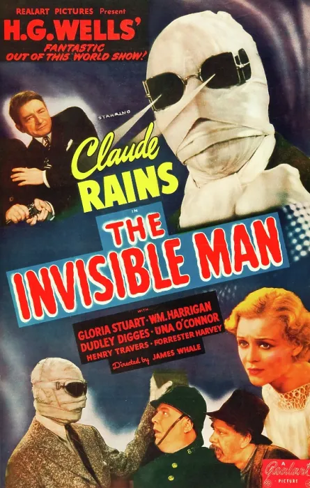 Framed Print : THE INVISIBLE MAN, top l-r: Claude Rains, bottom left: Claude Rains, bottom far right: Gloria Stuart on poster art, 1933