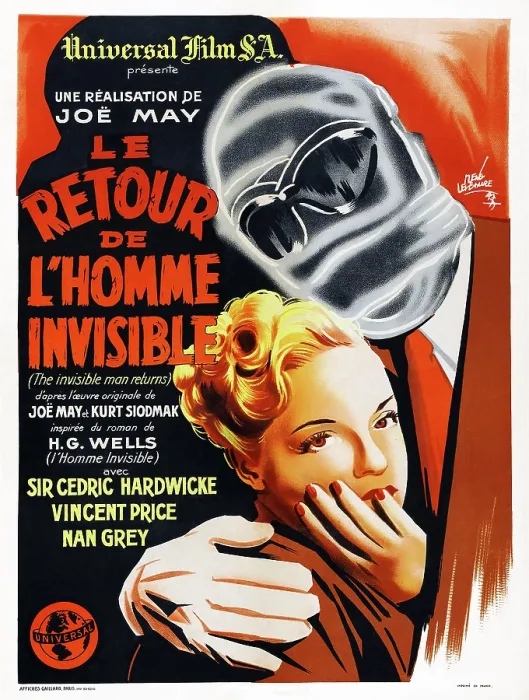 Framed Print : THE INVISIBLE MAN RETURNS, (aka LE RETOUR DE L'HOMME INVISIBLE), from left: Nan Grey, Vincent Price on French poster art, 1940
