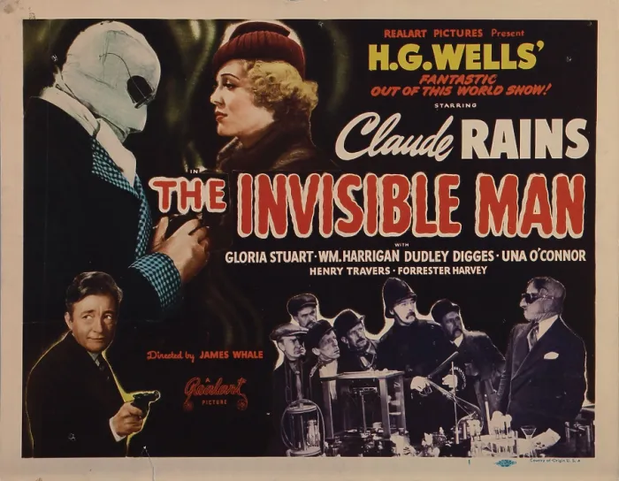 Framed Print : THE INVISIBLE MAN, titlecard, Claude Rains (left, top and bottom, and bottom right), Gloria Stuart (top right), E.E. Clive (policeman), 1933