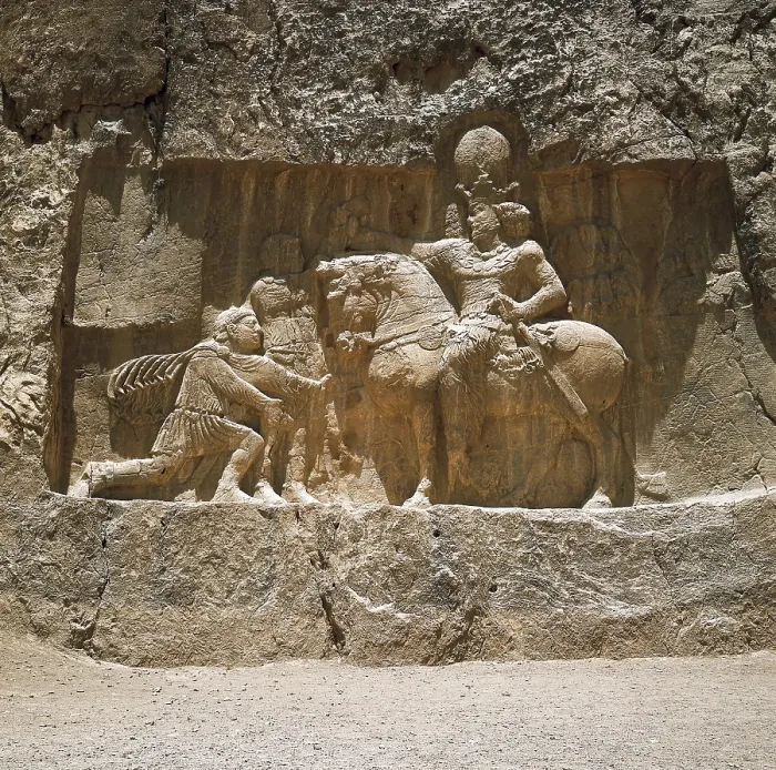 Framed Print : IRAN. Naqsh-e Rustam. Roman Emperor Valerian yields himself to the Persian king Shapur I after the battle of Edessa (259). Persian art. Sasanian art. Relief Framed Print : IRAN. Naqsh-e Rustam. Roman Emperor Valerian yields himself to the Persian king Shapur I after the battle of Edessa (259). Persian art. Sasanian art. Relief