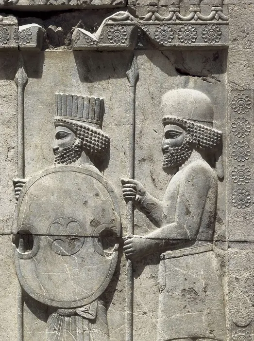 Framed Print : IRAN. Persepolis. Apadana or Audience Hall of Darius I.. Persian Guard (with cylindrical hat) and nobleman of the Medan court (round hat)