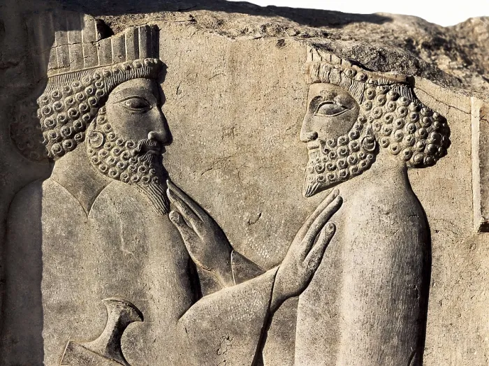 Framed Print : IRAN. Persepolis. Two dignataries exchanging signs of friendship. Decorations of the staircase that leads to the Tripylon (6th-5th c. BC). Persian art. Achaemenid period