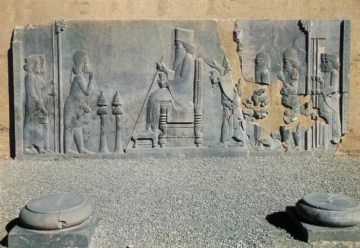 Framed Print : IRAN. Persepolis. Palace of Darius. Relief of Darius I the Great sitting on his throne with dignitaries, 521 BC. Persian art. Relief on rock