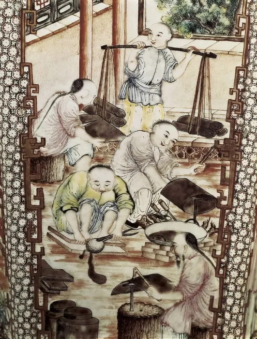 Framed Print : IRAN. Tehran. Golestan Palace. Detail of vase with scene of metal boxes making. Chinese art. Ming period. China  /  Porcelain. AISA / Everett Collection**US SALES ONLY**