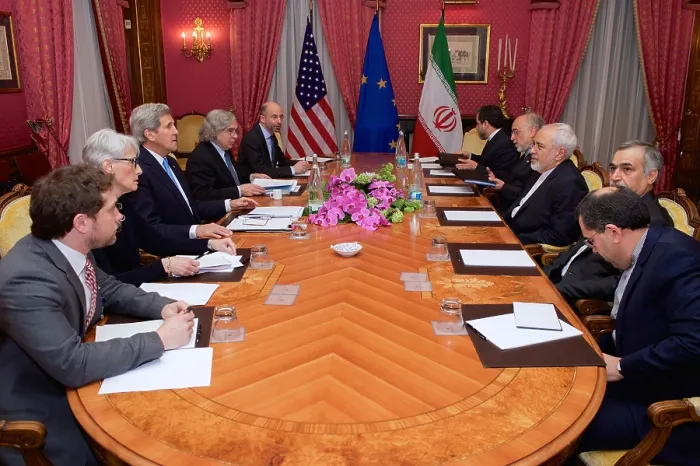 Framed Print : Iranian Foreign Minister Zarif and U.S. representatives in Iranian Nuclear Program Negotiations. Lausanne, Switzerland, March 29, 2015