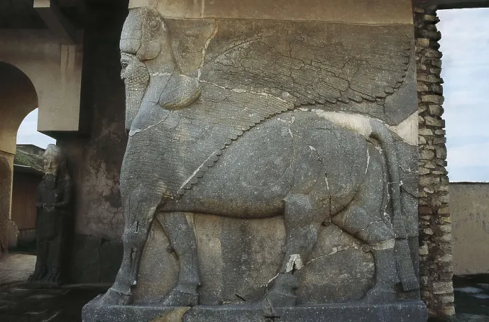Framed Print : IRAQ. Kalhu. Nimrud. Ashur Palace (12th c. BC). Winged bull with human head. Relief. Assyrian art. Sculpture on rock. AISA / Everett Collection**US SALES ONLY**