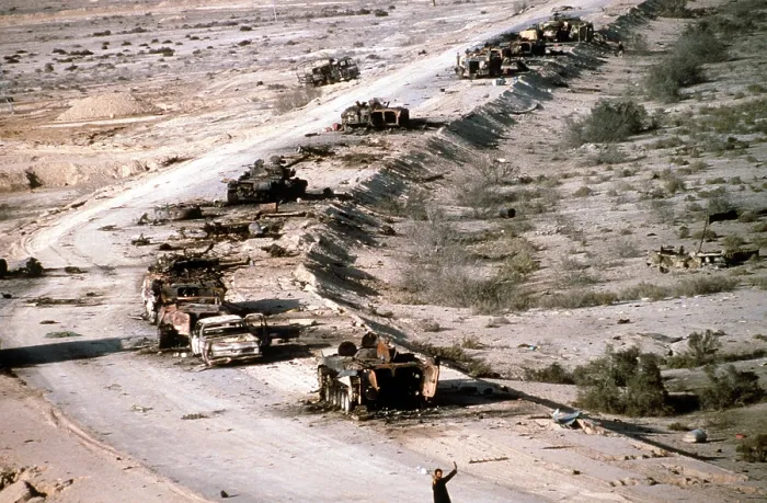 Framed Print : An Iraqi armored column destroyed in the Euphrates River Valley during Operation Desert Storm. Mar. 4 1991. (BSLOC_2011_12_9) Framed Print : An Iraqi armored column destroyed in the Euphrates River Valley during Operation Desert Storm. Mar. 4 1991. (BSLOC_2011_12_9)