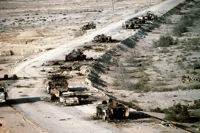 Framed Print : Iraqi armored personnel carriers tanks and trucks destroyed in a Coalition attack along a road in the Euphrates River Valley during Operation Desert Storm Framed Print : Iraqi armored personnel carriers tanks and trucks destroyed in a Coalition attack along a road in the Euphrates River Valley during Operation Desert Storm