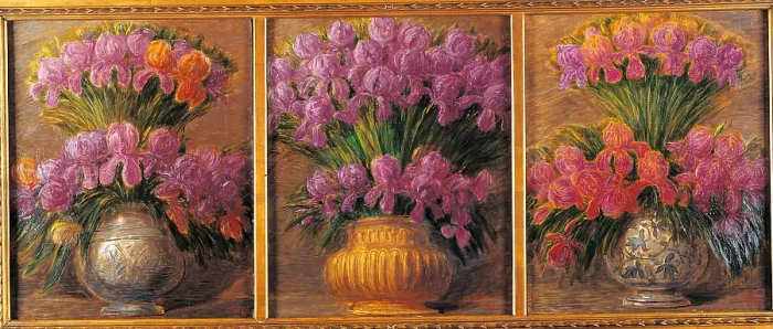 Framed Print : Ireos, by Gaetano Previati, 1913, 20th Century, oil on canvas, cm 67, 5 x 56 - Italy, Lombardy, Milan, private collection. Triptych iris vases pink purple red brown vase