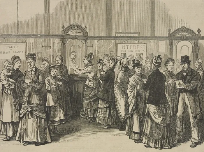 Framed Print : Irish Americans withdrawing money to send to the old country during the Famine of 1879-80